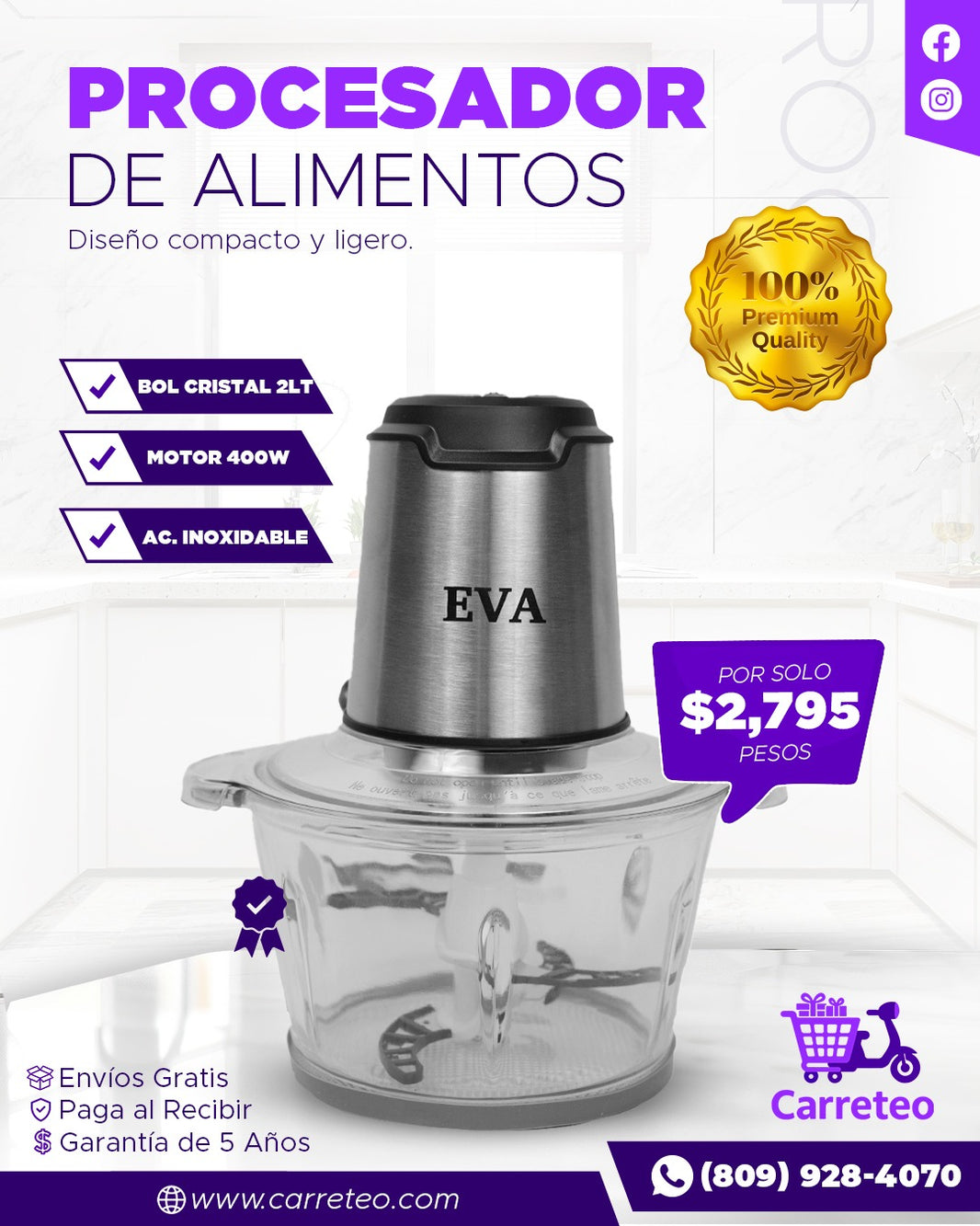Procesador de Alimentos EVA 400W | Pica, Tritura y Mezcla Fácilmente