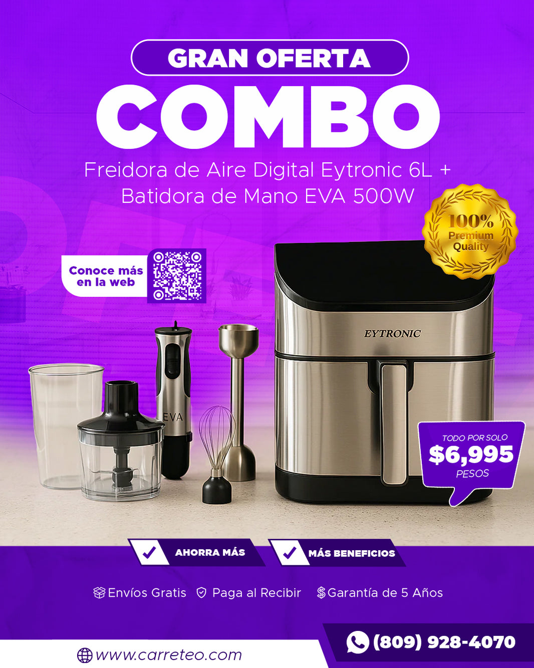 Freidora de Aire Digital Eytronic 6L + Batidora de Mano EVA 500W