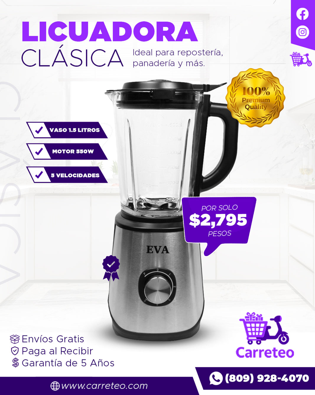 Licuadora EVA 1.5L 550W | Potente y Multifuncional para Cocina